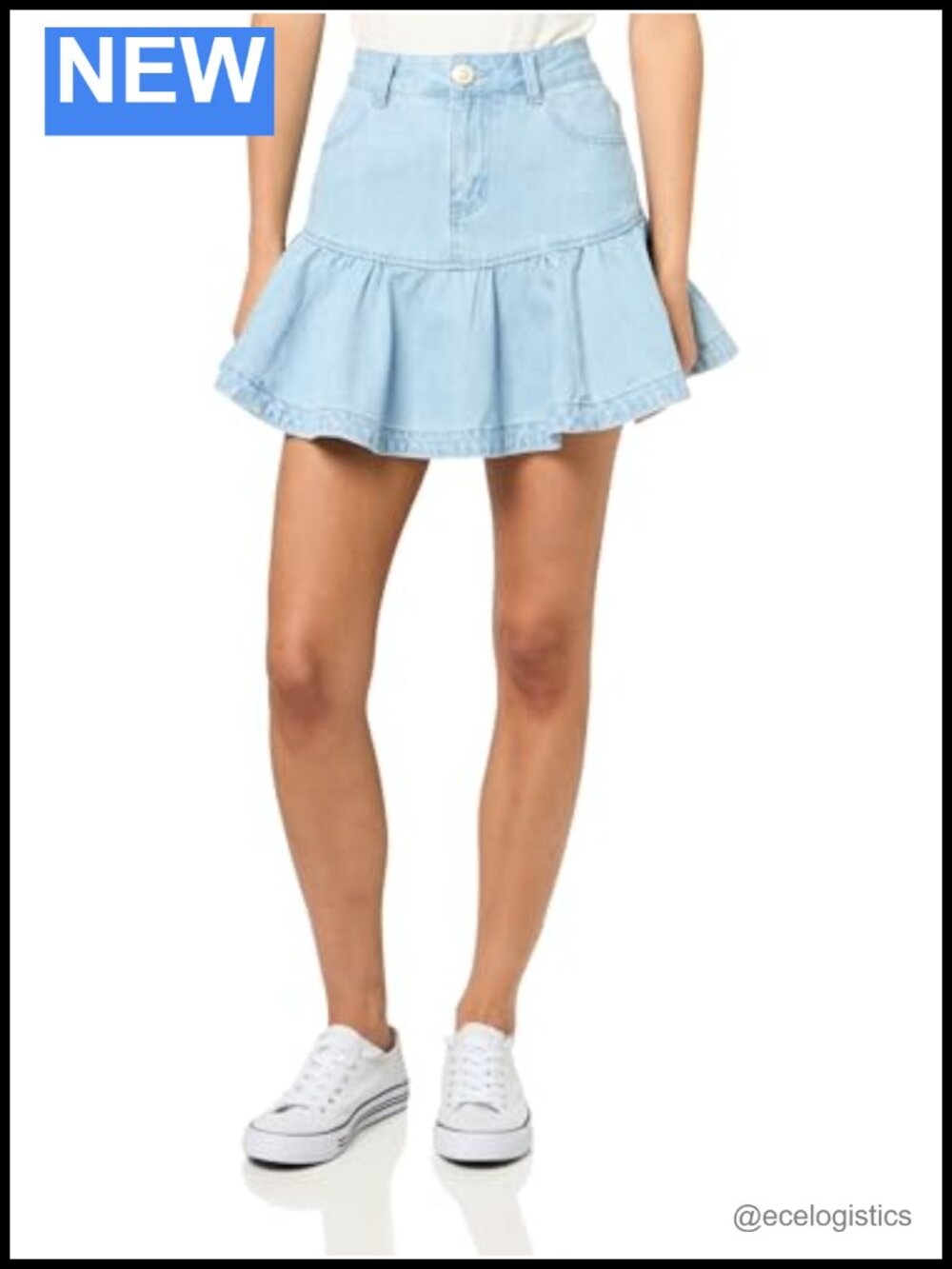High Rise Denim Mini Skirt Ruffled Hem Structured Waistband